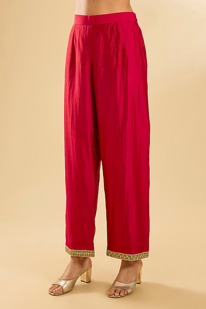 Deep Red Spun Silk Zardosi Work Wedding Anarkali Set by SURBHI SHAH at Pernia's Pop Up Shop