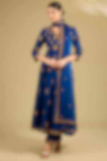 Midnight Blue Spun Silk Marori Work Angrakha Wedding Anarkali Set by SURBHI SHAH at Pernia's Pop Up Shop