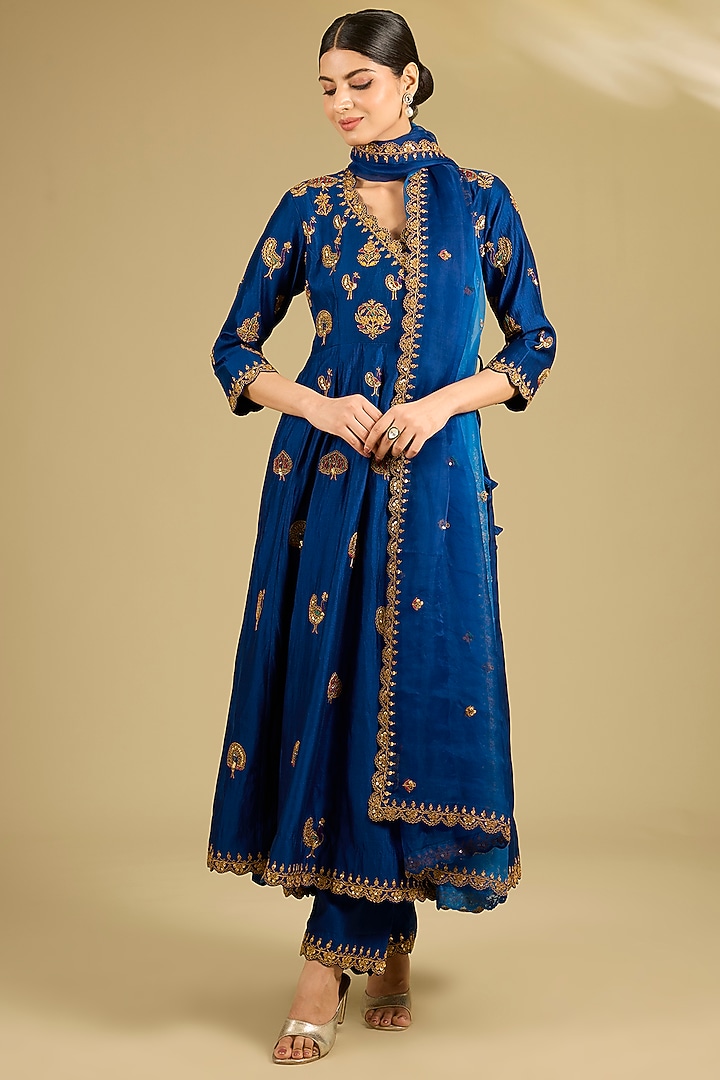 Midnight Blue Spun Silk Marori Work Angrakha Wedding Anarkali Set by SURBHI SHAH at Pernia's Pop Up Shop