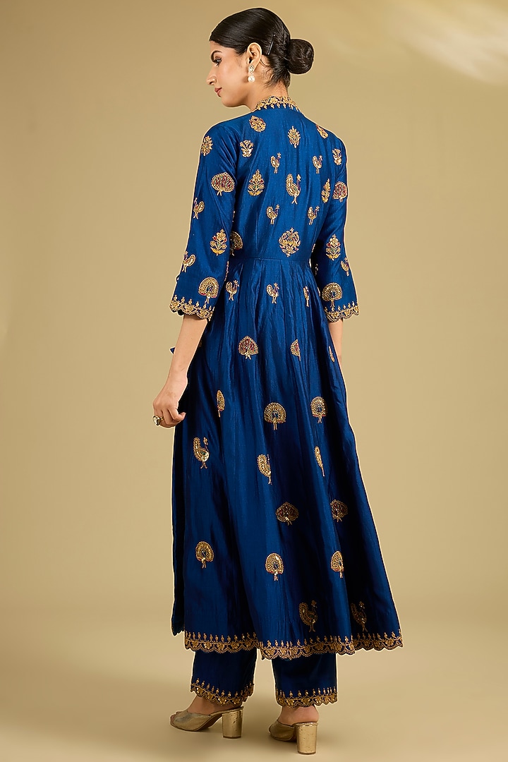 Midnight Blue Spun Silk Marori Work Angrakha Wedding Anarkali Set by SURBHI SHAH at Pernia's Pop Up Shop