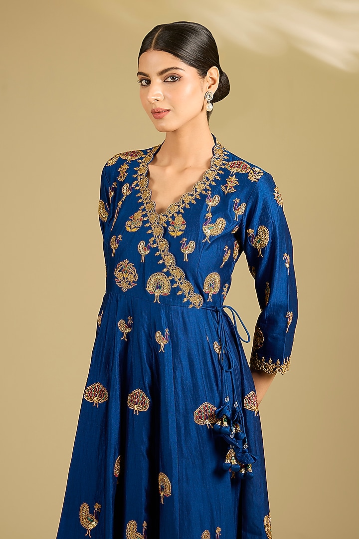 Midnight Blue Spun Silk Marori Work Angrakha Wedding Anarkali Set by SURBHI SHAH at Pernia's Pop Up Shop