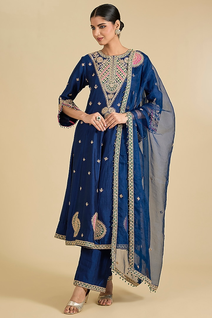 Navy Blue Spun Silk Zardosi Work Wedding Anarkali Set by Surbhi Shah at Pernia's Pop Up Shop