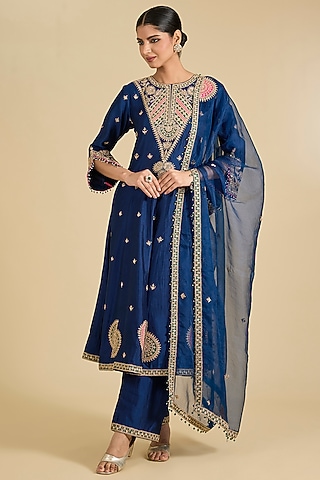 Navy Blue Spun Silk Zardosi Work Anarkali Set by Surbhi Shah