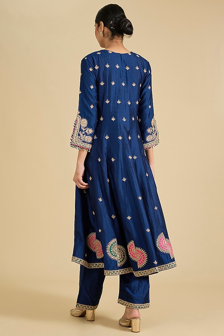 Navy Blue Spun Silk Zardosi Work Wedding Anarkali Set by Surbhi Shah at Pernia's Pop Up Shop