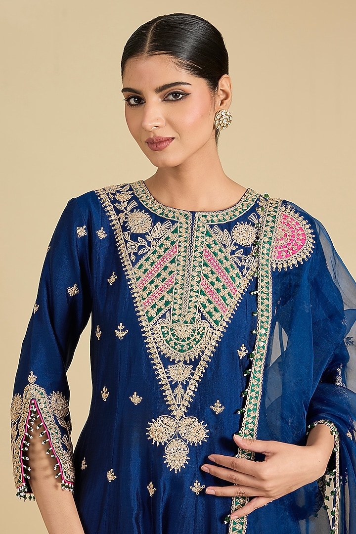 Navy Blue Spun Silk Zardosi Work Wedding Anarkali Set by Surbhi Shah at Pernia's Pop Up Shop