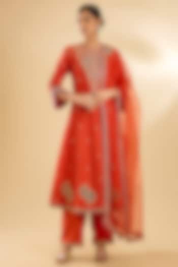 Orange Spun Silk Zardosi Work Wedding Anarkali Set by SURBHI SHAH at Pernia's Pop Up Shop