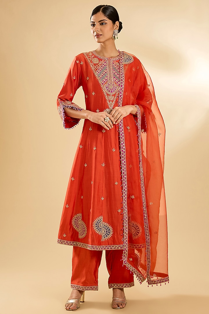 Orange Spun Silk Zardosi Work Wedding Anarkali Set by SURBHI SHAH at Pernia's Pop Up Shop