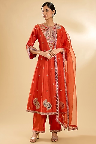 Orange Spun Silk Zardosi Work Anarkali Set by SURBHI SHAH
