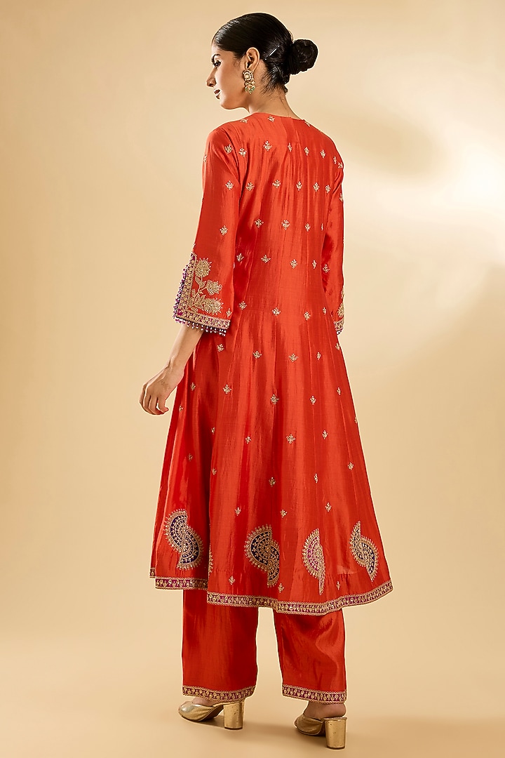 Orange Spun Silk Zardosi Work Wedding Anarkali Set by SURBHI SHAH at Pernia's Pop Up Shop