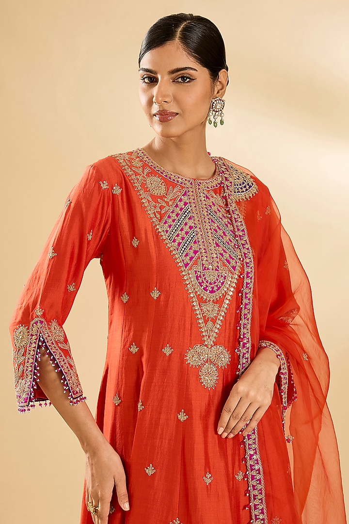 Orange Spun Silk Zardosi Work Wedding Anarkali Set by SURBHI SHAH at Pernia's Pop Up Shop