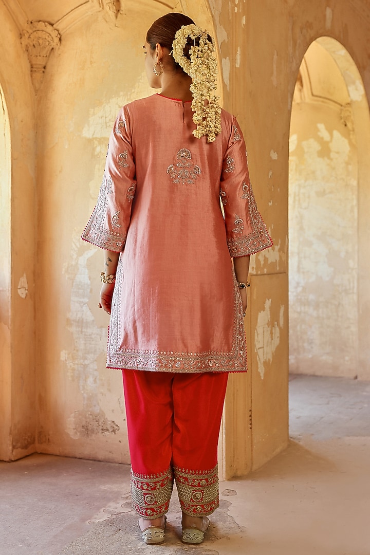 Old Rose Spun Silk Marori Work Kurta Set by Surbhi Shah at Pernia's Pop Up Shop