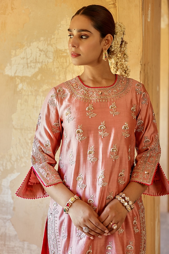 Old Rose Spun Silk Marori Work Kurta Set by Surbhi Shah at Pernia's Pop Up Shop