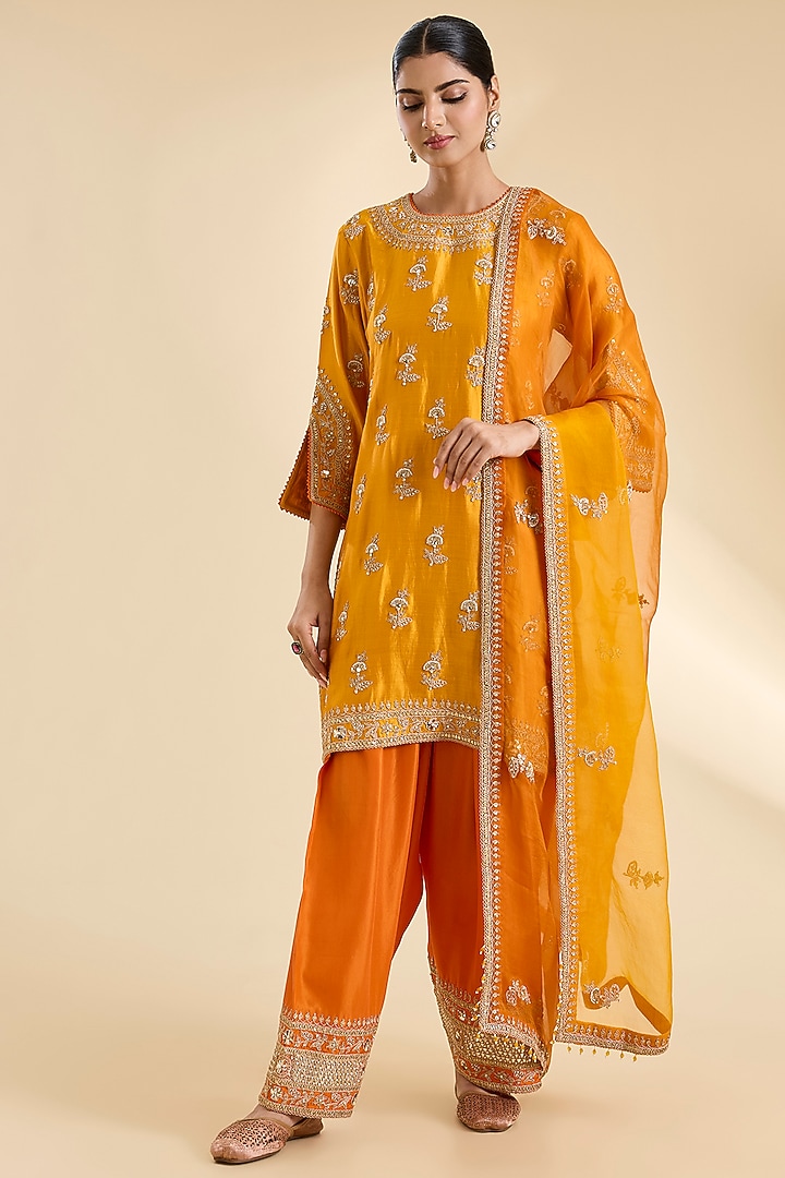 Mango Yellow Spun Silk Marori Work Kurta Set by SURBHI SHAH at Pernia's Pop Up Shop