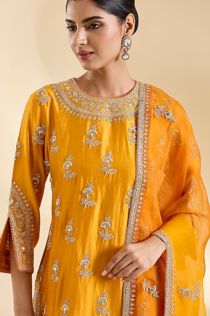 Mango Yellow Spun Silk Marori Work Kurta Set by SURBHI SHAH at Pernia's Pop Up Shop