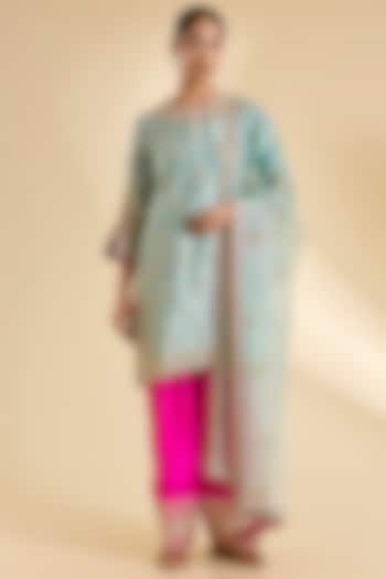 Sea Blue Spun Silk Gota & Marori Work Kurta Set by SURBHI SHAH at Pernia's Pop Up Shop