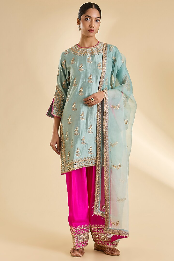 Sea Blue Spun Silk Gota & Marori Work Kurta Set by SURBHI SHAH at Pernia's Pop Up Shop