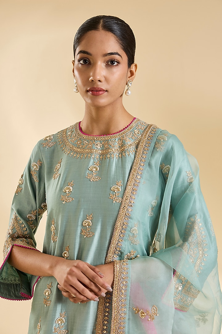 Sea Blue Spun Silk Gota & Marori Work Kurta Set by SURBHI SHAH at Pernia's Pop Up Shop