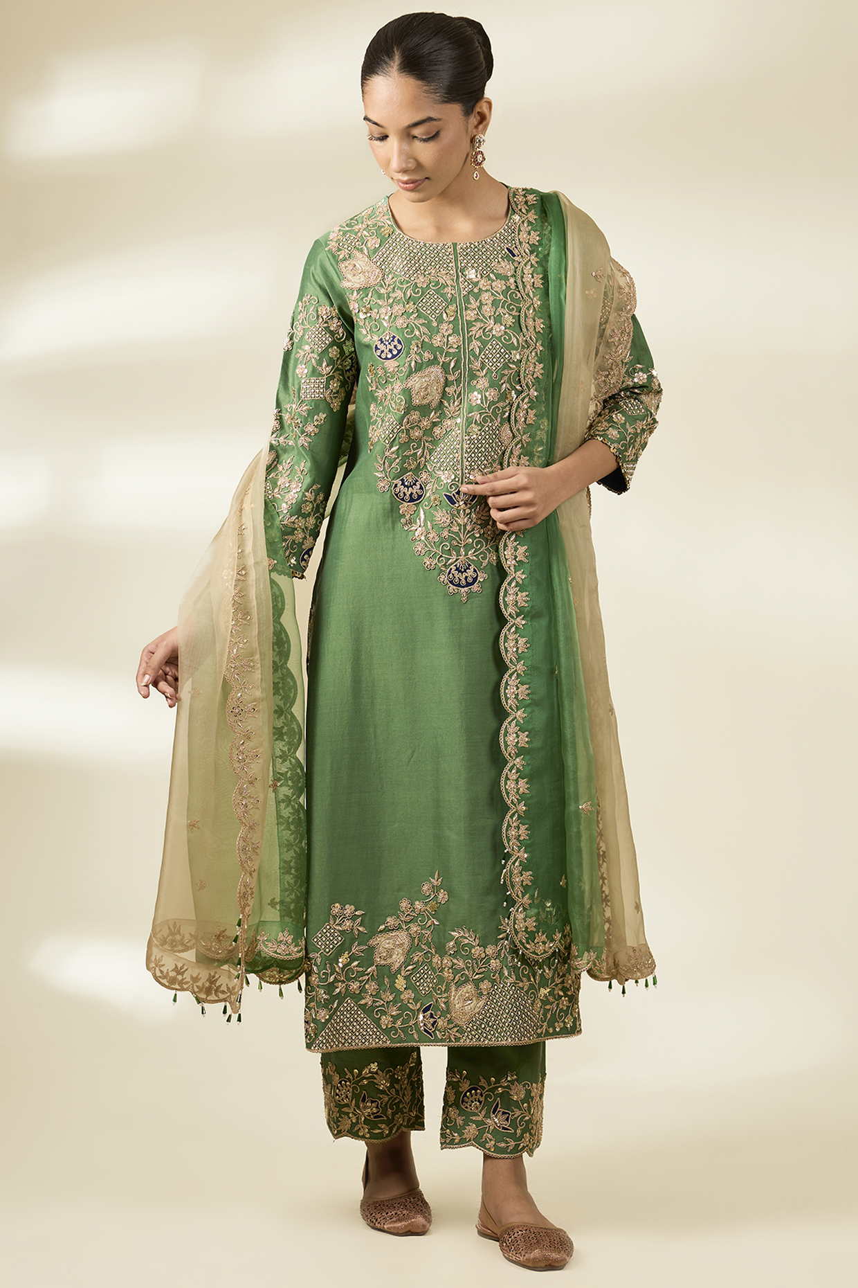 Sage Green Spun Silk Zardosi Work Kurta Set by Surbhi Shah at Pernia's Pop Up Shop