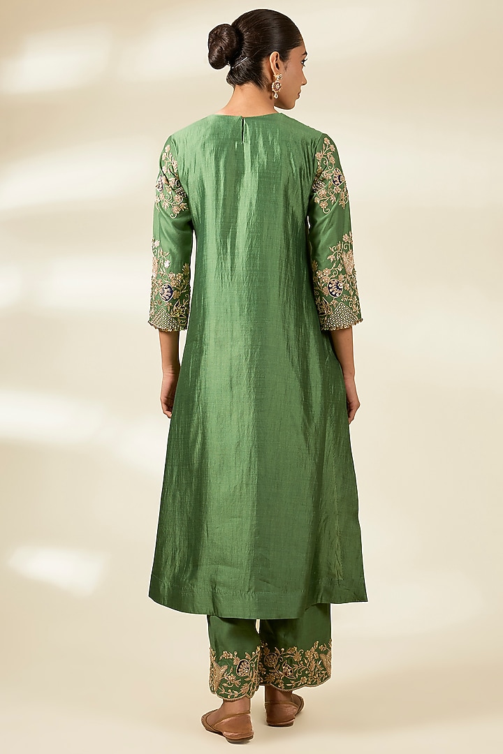 Sage Green Spun Silk Zardosi Work Kurta Set by Surbhi Shah at Pernia's Pop Up Shop