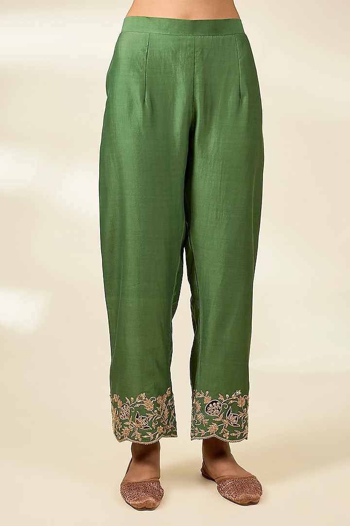 Sage Green Spun Silk Zardosi Work Kurta Set by Surbhi Shah at Pernia's Pop Up Shop