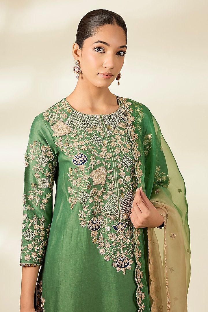 Sage Green Spun Silk Zardosi Work Kurta Set by Surbhi Shah at Pernia's Pop Up Shop