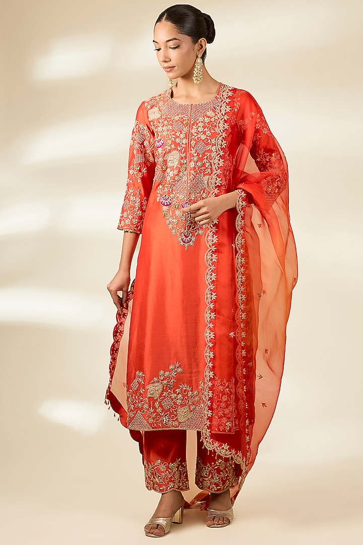 Orange Spun Silk Zardosi Work Kurta Set by Surbhi Shah at Pernia's Pop Up Shop