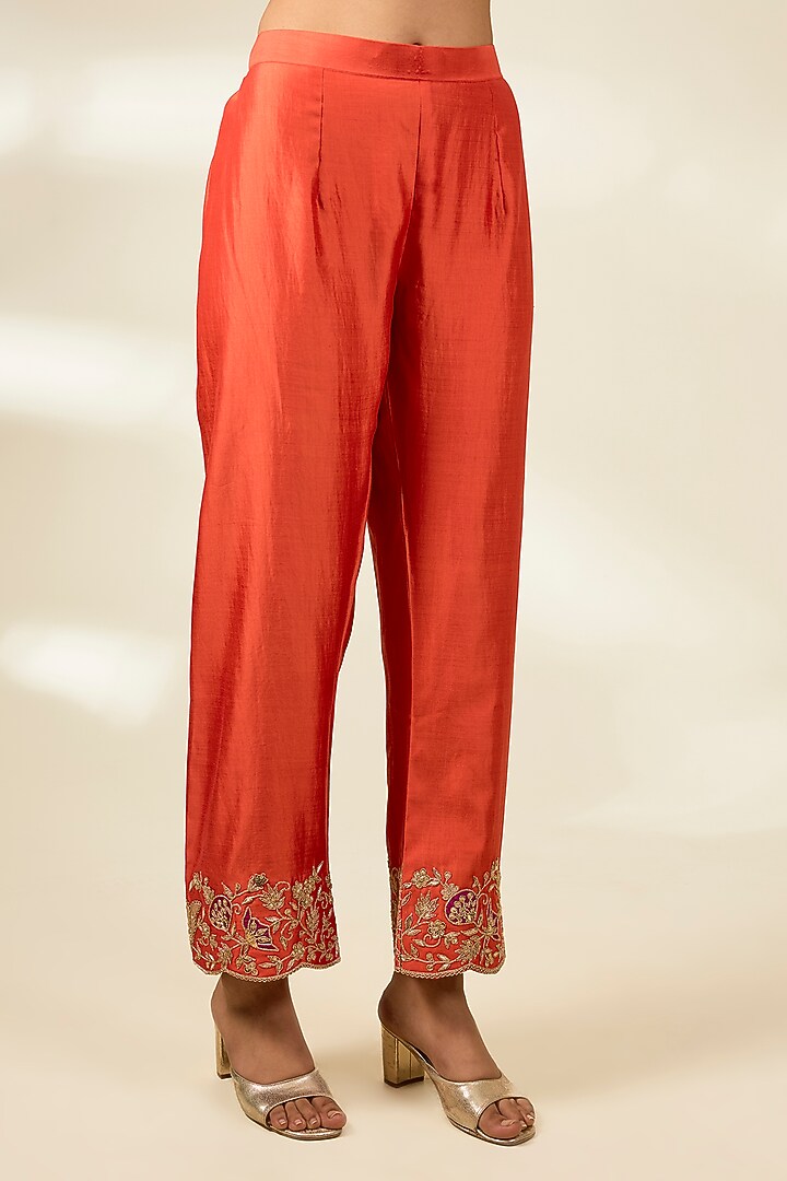 Orange Spun Silk Zardosi Work Kurta Set by Surbhi Shah at Pernia's Pop Up Shop