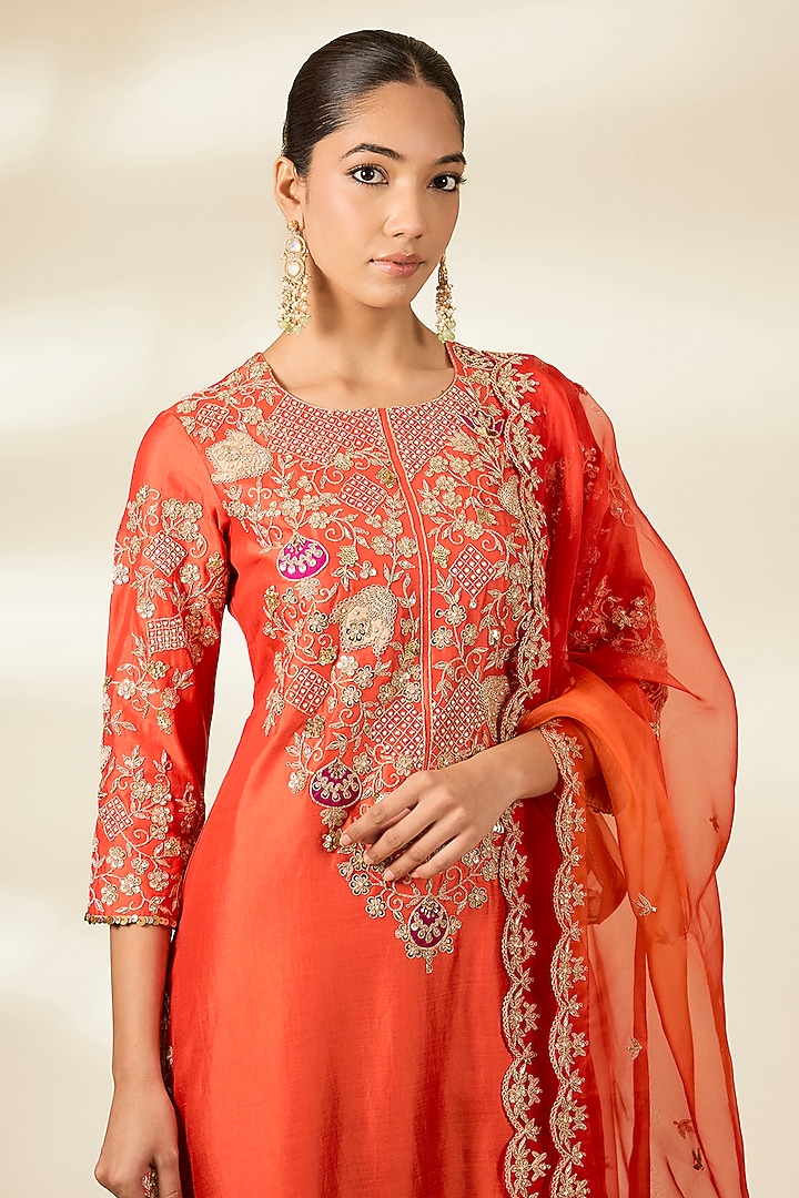 Orange Spun Silk Zardosi Work Kurta Set by Surbhi Shah at Pernia's Pop Up Shop