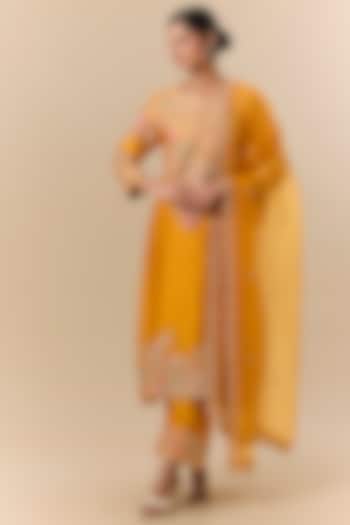 Mango Yellow Spun Silk Marori Embroidered Kurta Set by SURBHI SHAH at Pernia's Pop Up Shop