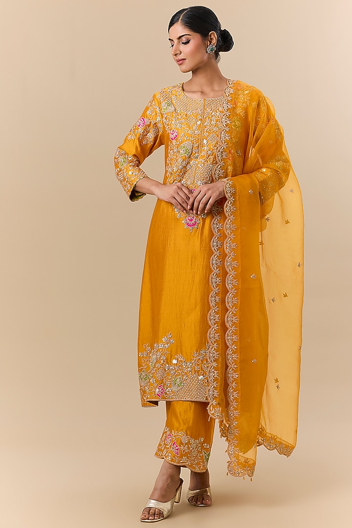 Mango Yellow Spun Silk Marori Embroidered Kurta Set by SURBHI SHAH at Pernia's Pop Up Shop
