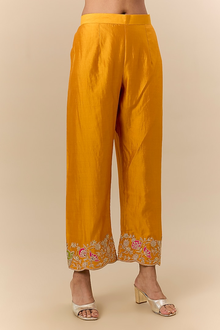 Mango Yellow Spun Silk Marori Embroidered Kurta Set by SURBHI SHAH at Pernia's Pop Up Shop