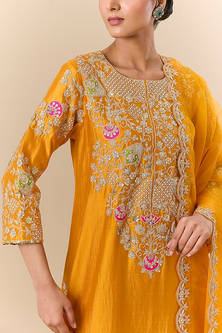 Mango Yellow Spun Silk Marori Embroidered Kurta Set by SURBHI SHAH at Pernia's Pop Up Shop
