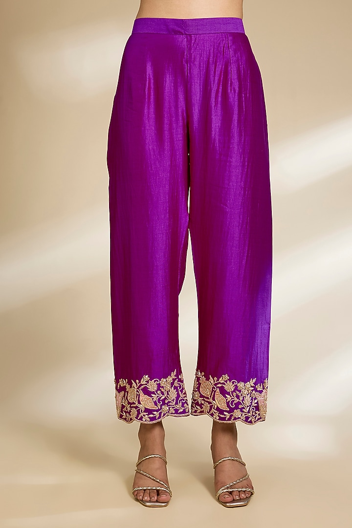 Magenta Spun Silk Zardosi Embroidered Kurta Set by SURBHI SHAH at Pernia's Pop Up Shop