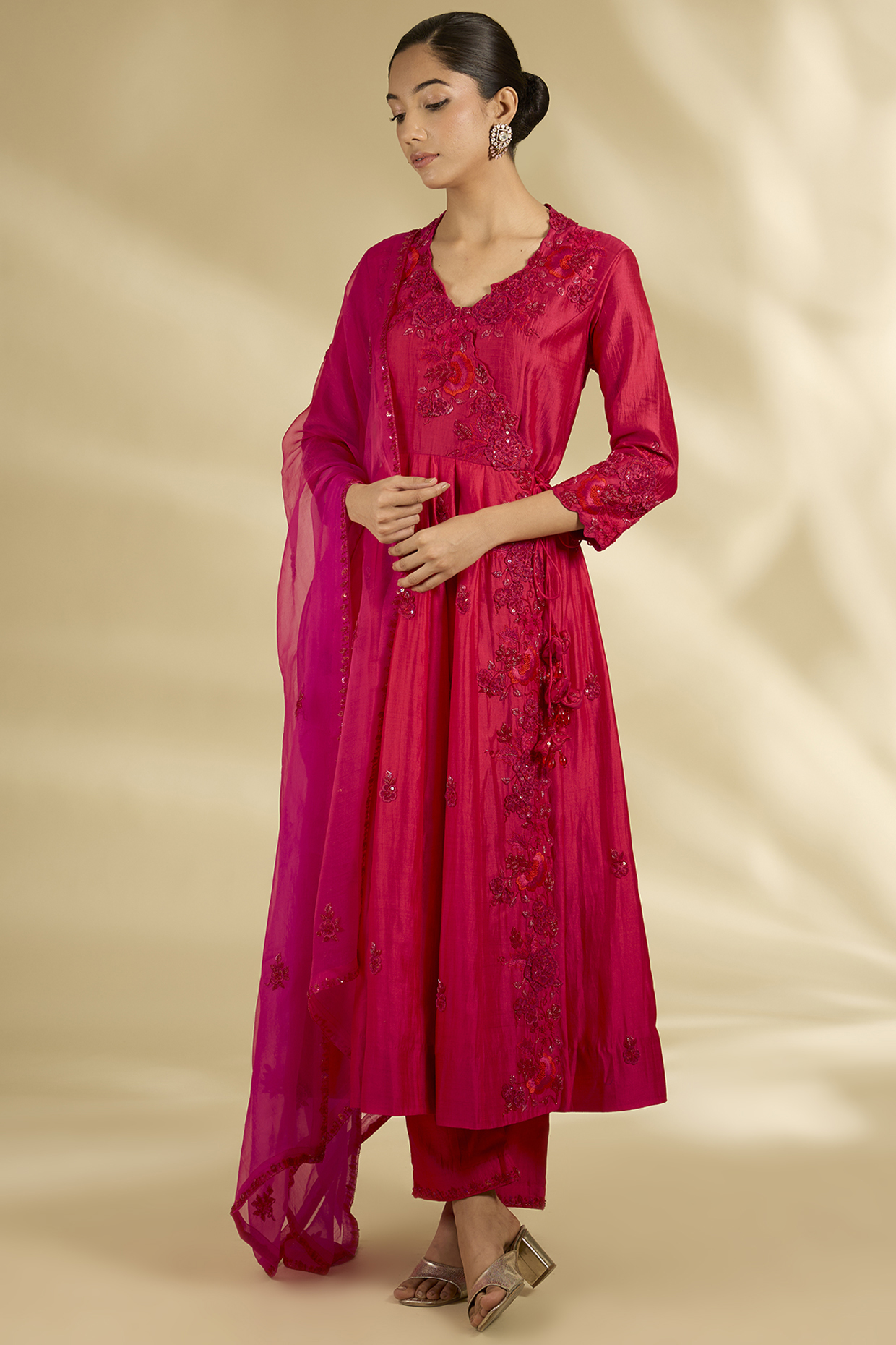 Deep Red Spun Silk 3D Work Angrakha Wedding Anarkali Set by SURBHI SHAH at Pernia's Pop Up Shop