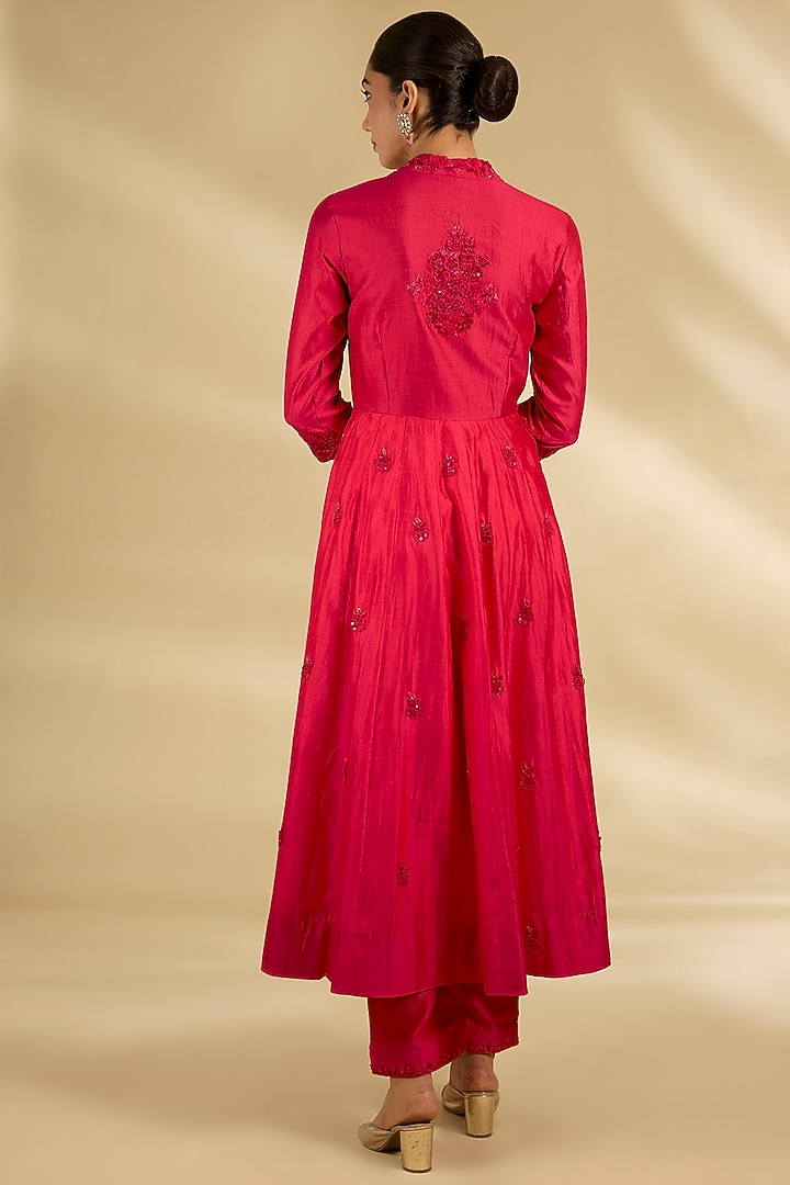 Deep Red Spun Silk 3D Work Angrakha Wedding Anarkali Set by SURBHI SHAH at Pernia's Pop Up Shop