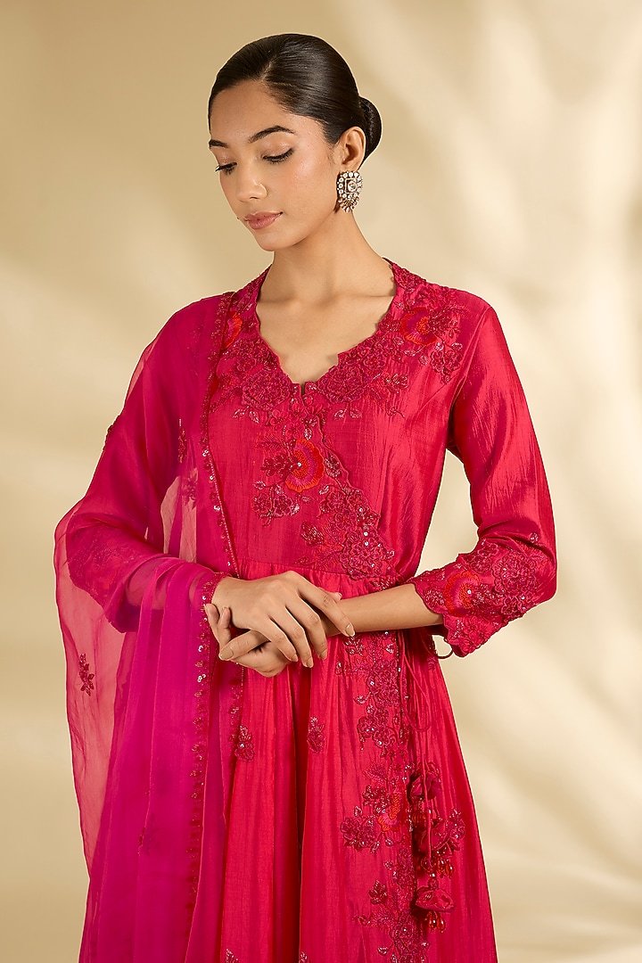 Deep Red Spun Silk 3D Work Angrakha Wedding Anarkali Set by SURBHI SHAH at Pernia's Pop Up Shop