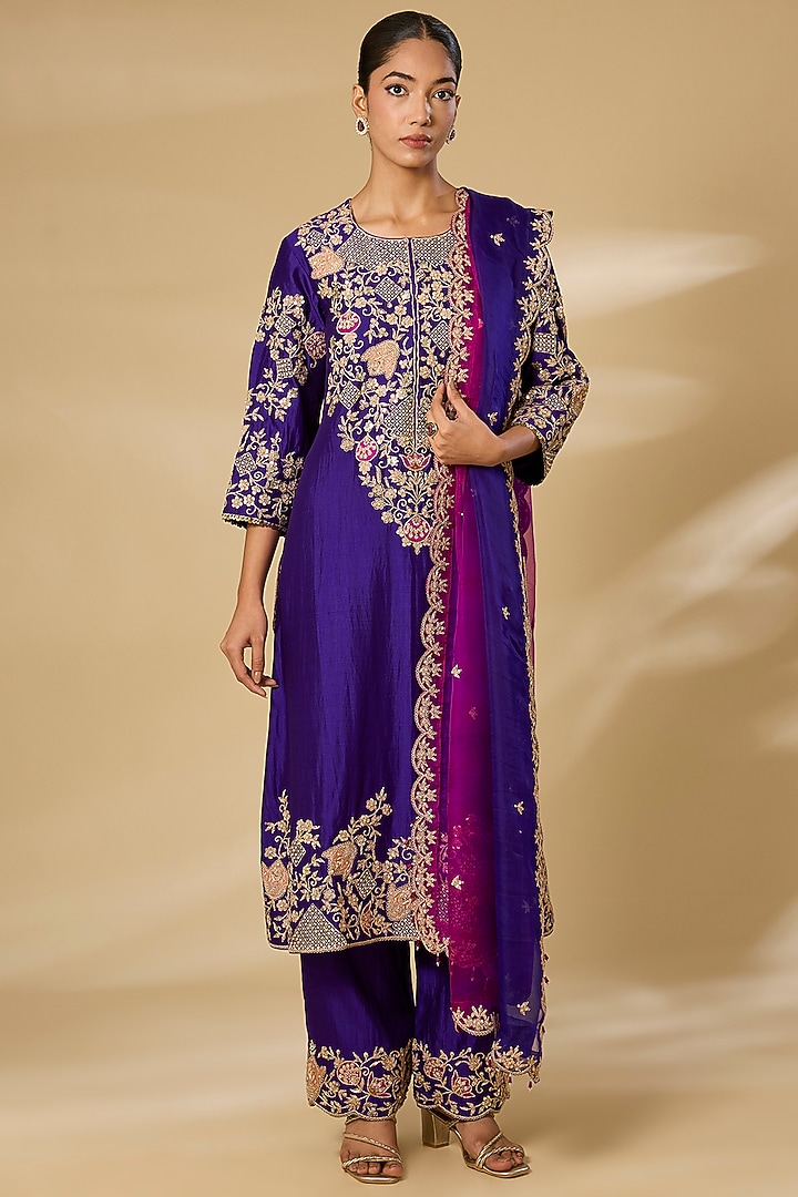 Purple Spun Silk Zardosi Work Kurta Set by SURBHI SHAH at Pernia's Pop Up Shop