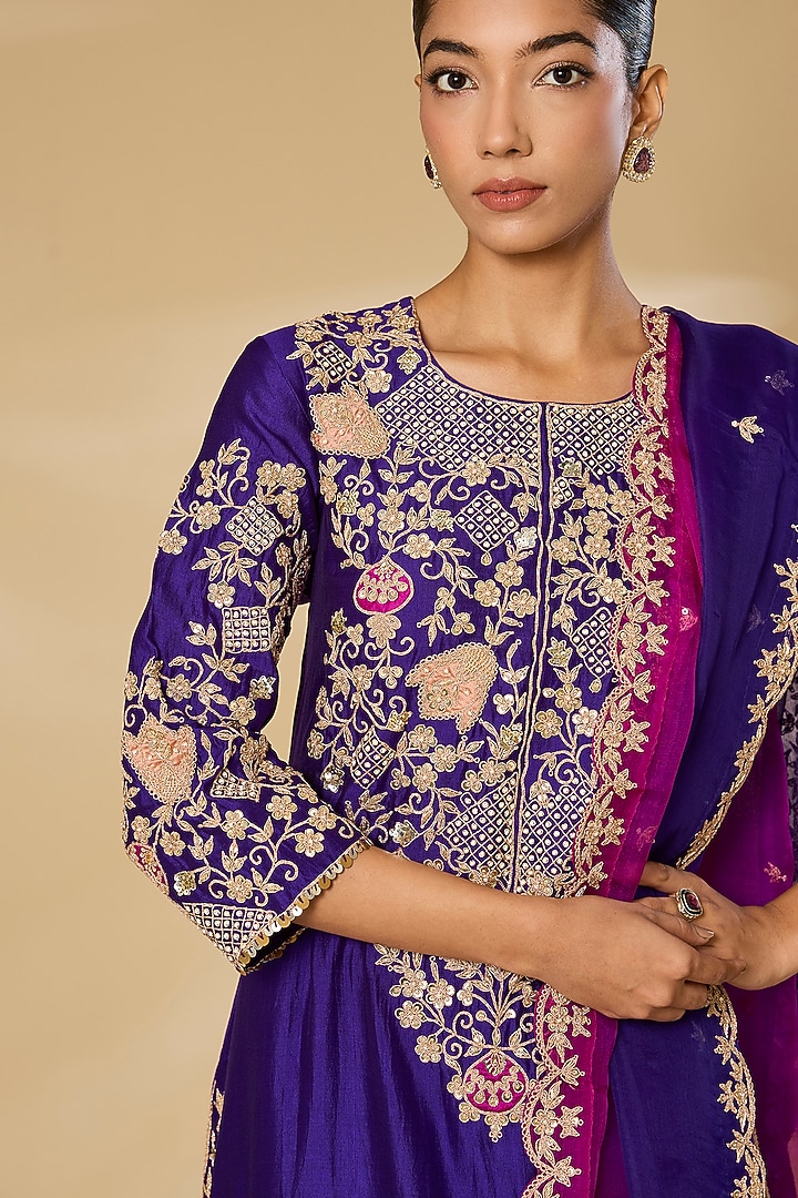 Purple Spun Silk Zardosi Work Kurta Set by SURBHI SHAH at Pernia's Pop Up Shop