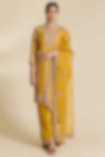 Mustard Spun Silk Marori & Gota Work Kurta Set by SURBHI SHAH at Pernia's Pop Up Shop