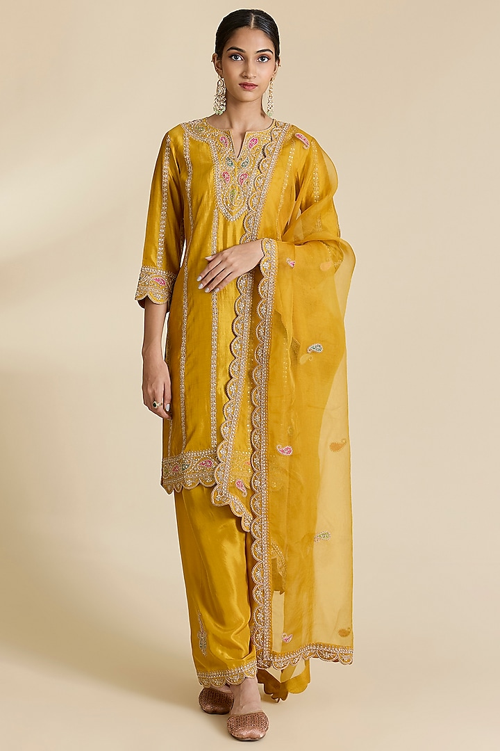 Mustard Spun Silk Marori & Gota Work Kurta Set by SURBHI SHAH at Pernia's Pop Up Shop