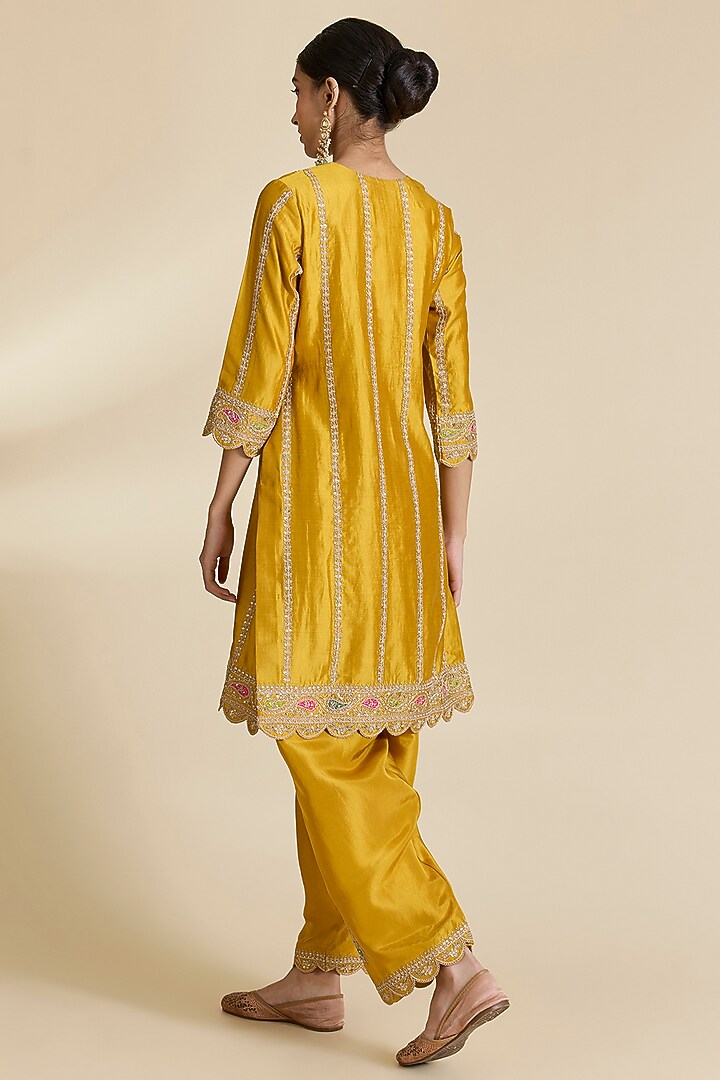 Mustard Spun Silk Marori & Gota Work Kurta Set by SURBHI SHAH at Pernia's Pop Up Shop