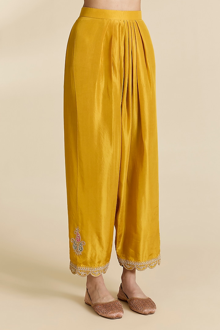 Mustard Spun Silk Marori & Gota Work Kurta Set by SURBHI SHAH at Pernia's Pop Up Shop