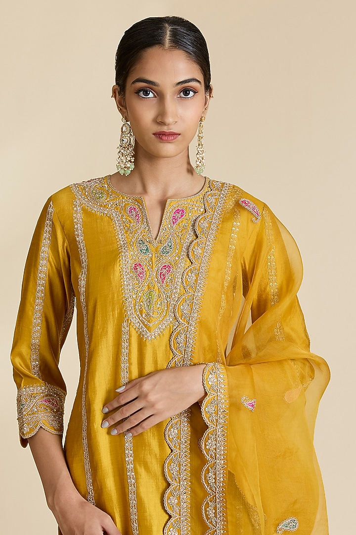 Mustard Spun Silk Marori & Gota Work Kurta Set by SURBHI SHAH at Pernia's Pop Up Shop