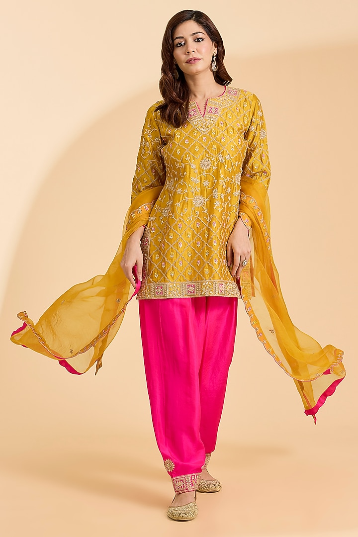 Mustard Spun Silk Marori Patch Work Kurta Set by Surbhi Shah at Pernia's Pop Up Shop