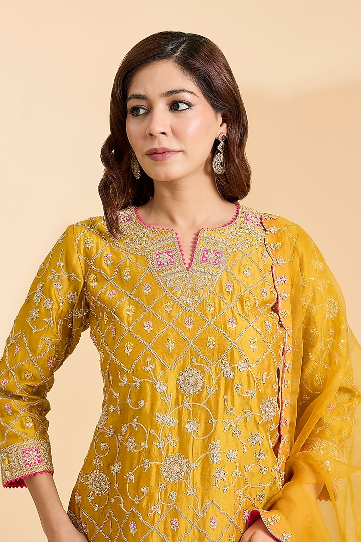 Mustard Spun Silk Marori Patch Work Kurta Set by Surbhi Shah at Pernia's Pop Up Shop
