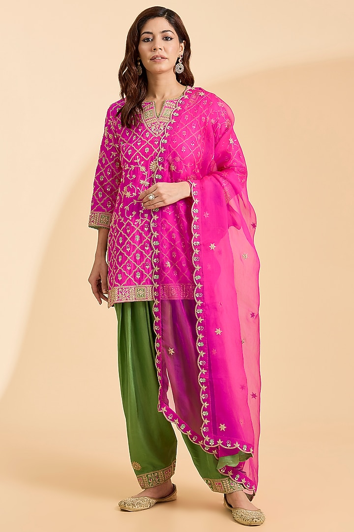 Hot Pink Spun Silk Marori Patch Work Kurta Set by Surbhi Shah at Pernia's Pop Up Shop