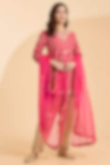 Strawberry Red Spun Silk Marori Patch Work Kurta Set by Surbhi Shah at Pernia's Pop Up Shop