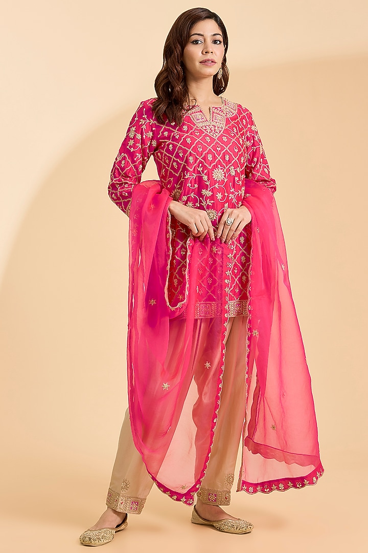 Strawberry Red Spun Silk Marori Patch Work Kurta Set by Surbhi Shah at Pernia's Pop Up Shop