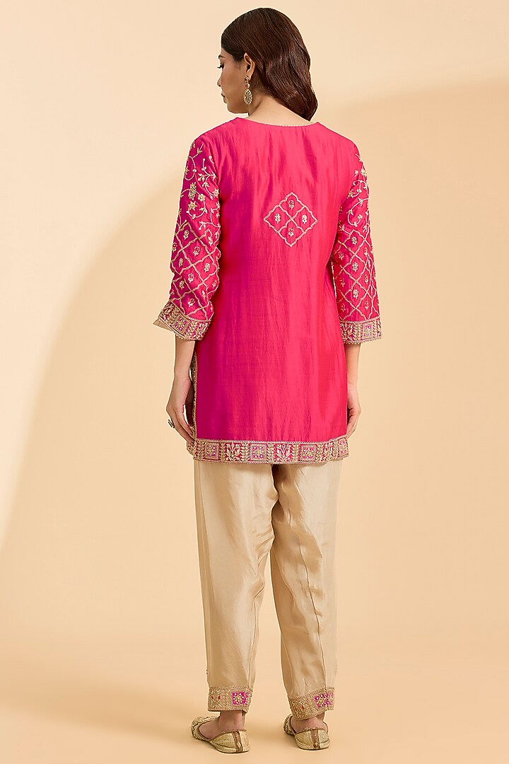 Strawberry Red Spun Silk Marori Patch Work Kurta Set by Surbhi Shah at Pernia's Pop Up Shop
