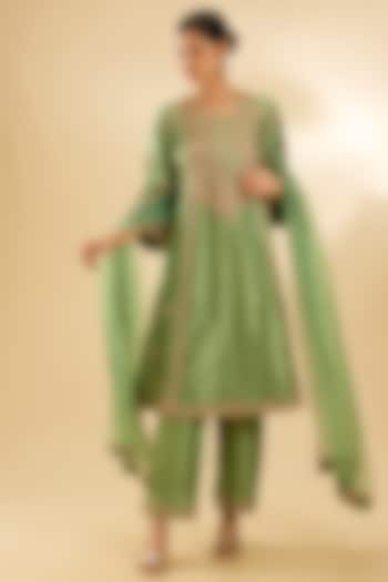 Powder Sage Green Spun Silk Sequin Work Kurta Set by SURBHI SHAH at Pernia's Pop Up Shop